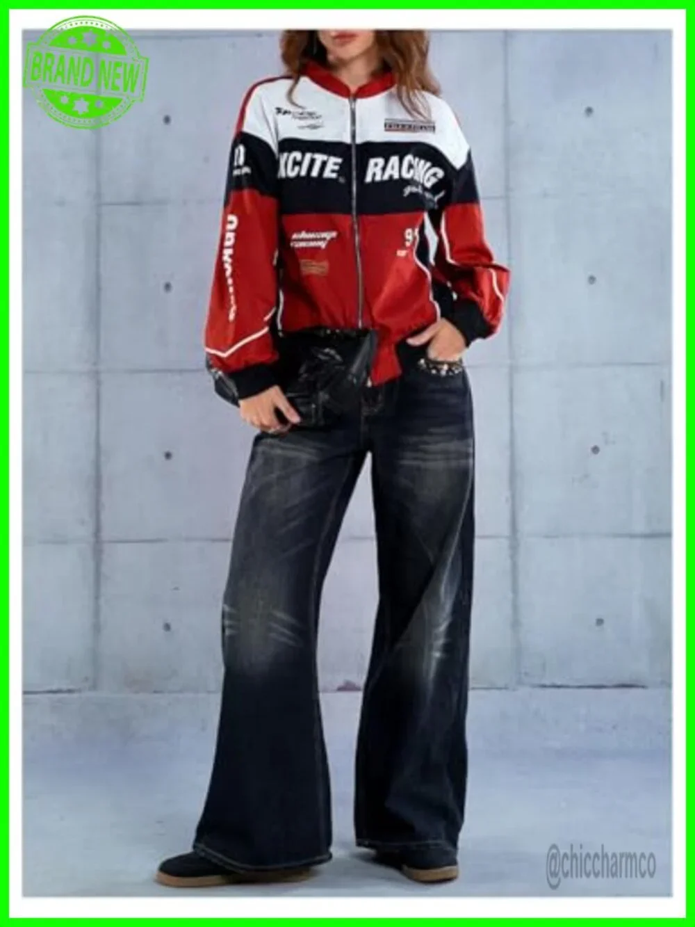 Y2K Racing Color Block Bomber Jacket for Women Graphic Zip Up